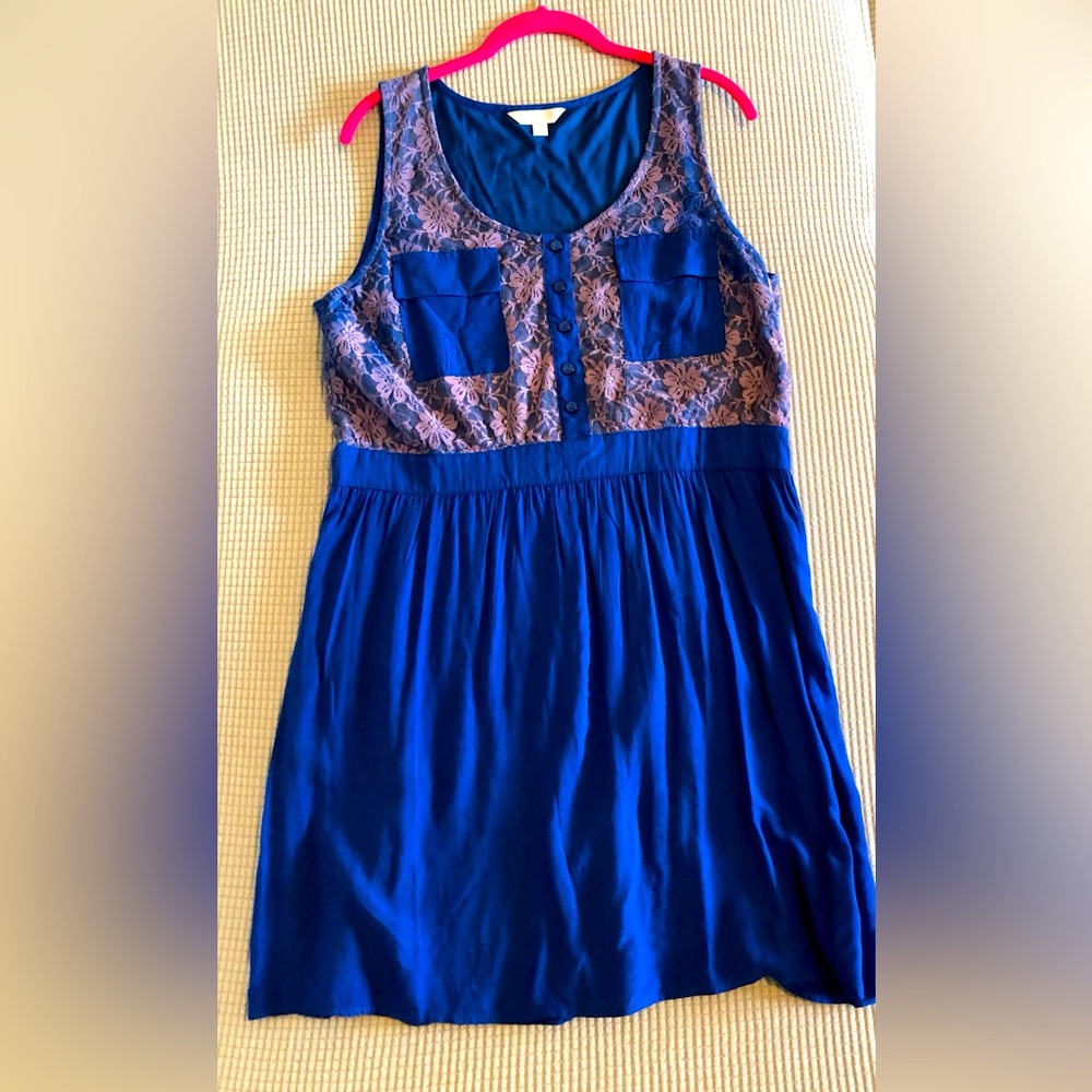 Charming Charlie mini blue dress with lilac overlay on top size L new